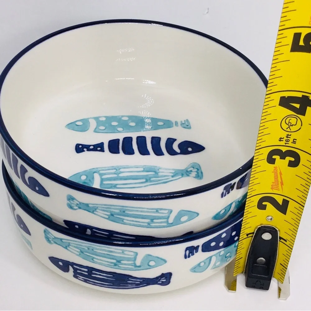 2 Signature Cat Bowls Blue and Aqua Fisk Pet Bowls 5” X 2” New